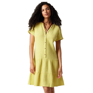 J Jill New XLP Yellow Cotton Gauze Tiered Short Sleeve Dress‎